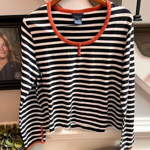 Faconnable Black & White Stripe Orange Trim Button Trim Long Sleeve T-Shirt XL